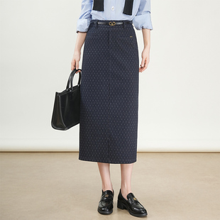 高腰包裙蓝色点点半身裙女秋冬2025年新款职业裙中长款直筒包臀裙