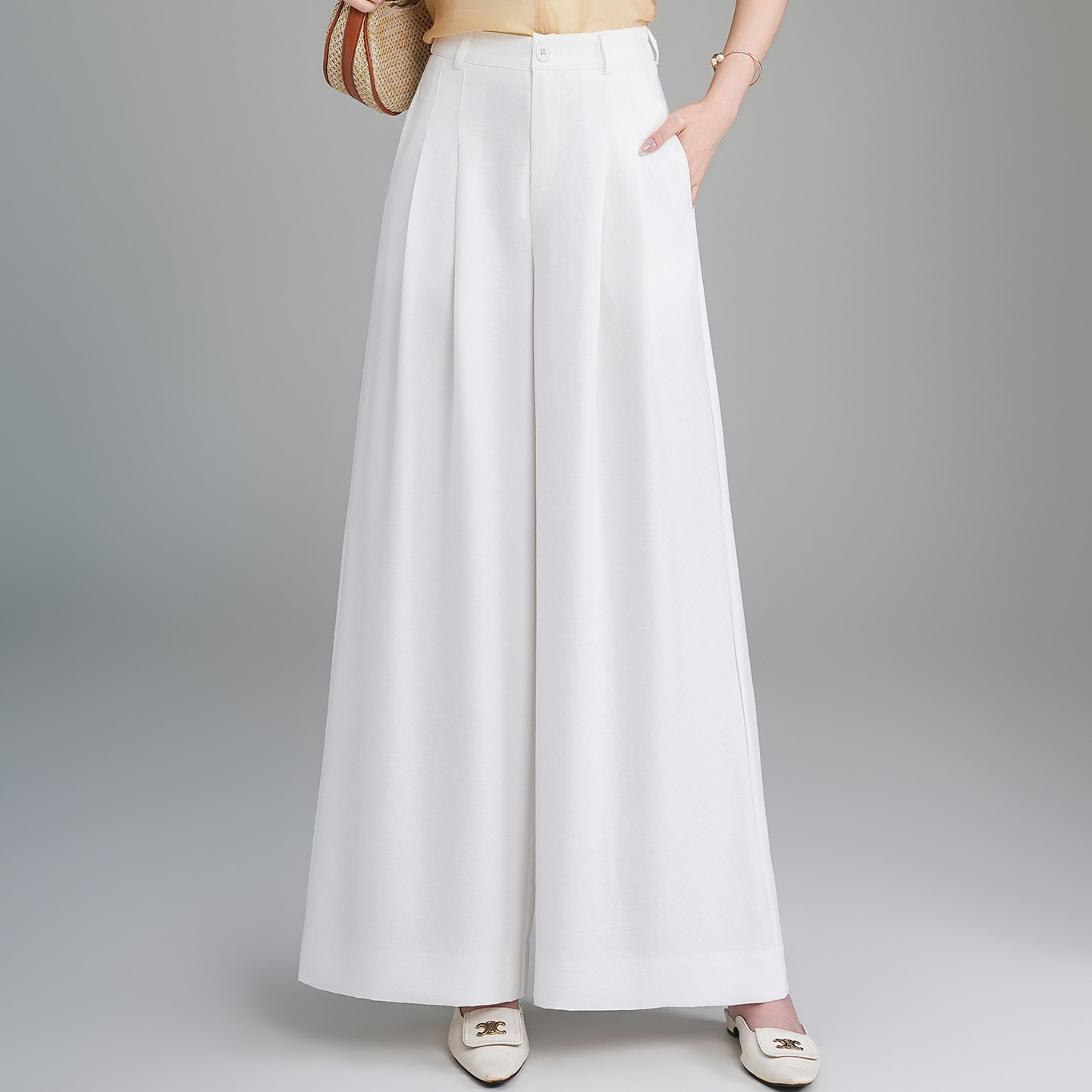 白色亚麻西装裤女2026春夏新款高腰显瘦垂感宽松阔腿裤大裤腿裙裤