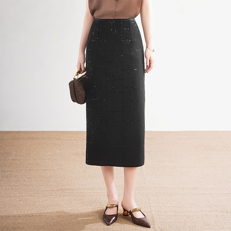 包臀黑色亮片直筒裙女2026春季新款通勤高腰中长款弹力西装半身裙
