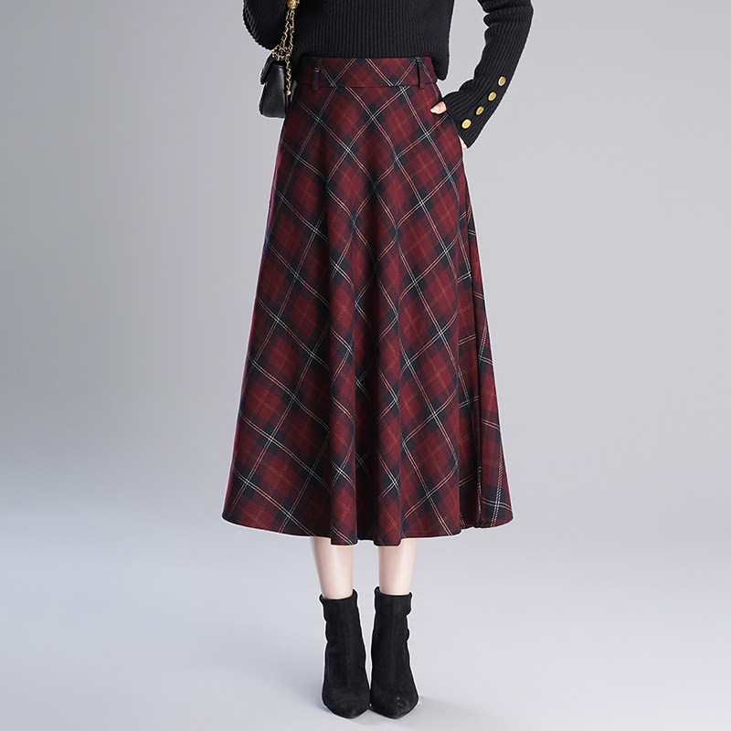 2025秋冬款学院风红色格纹半身裙女高腰中长款显瘦毛呢a字裙伞裙