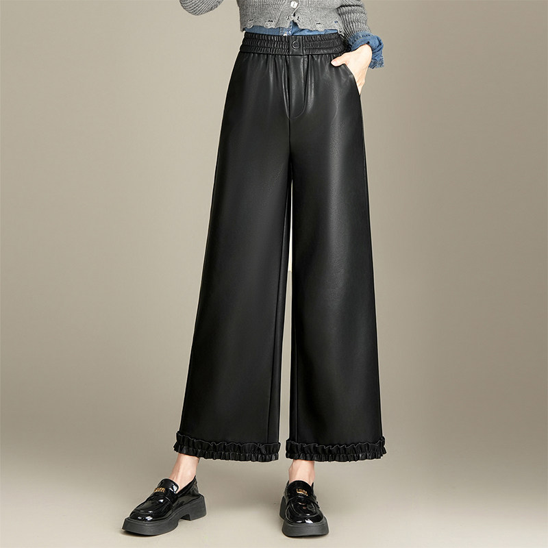 高腰遮胯木耳花边休闲皮裤阔腿裤女秋冬新款小个子宽松直筒九分裤