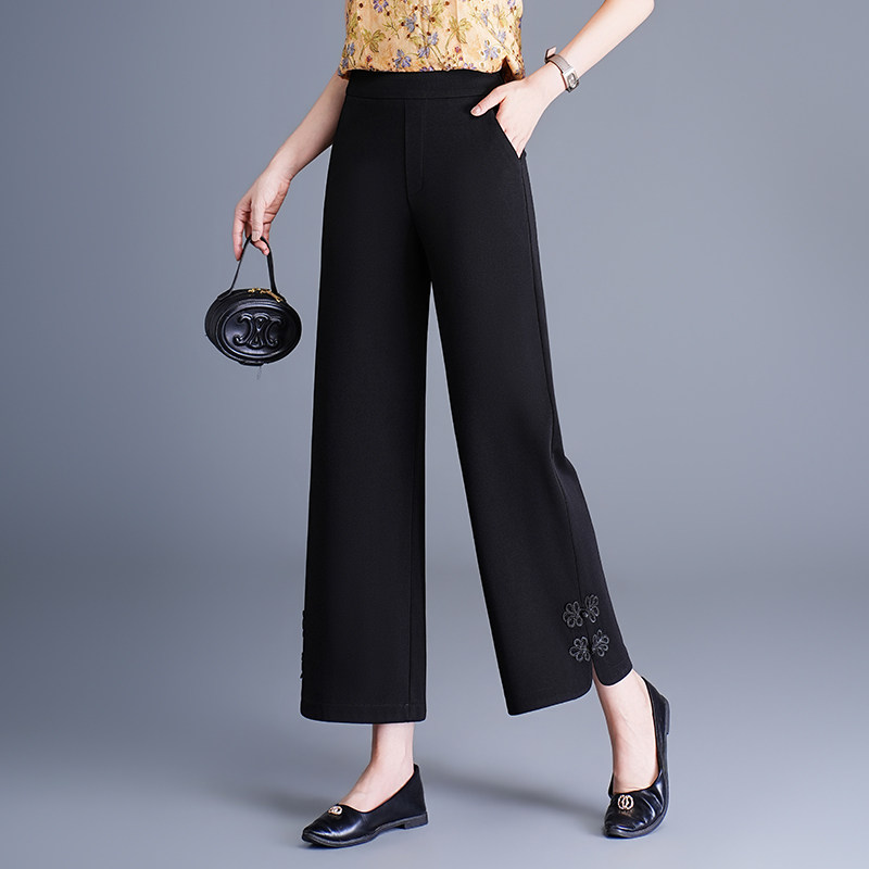 中式盘扣垂感九分休闲阔腿裤女春款小个子百搭黑色显瘦大码直筒裤