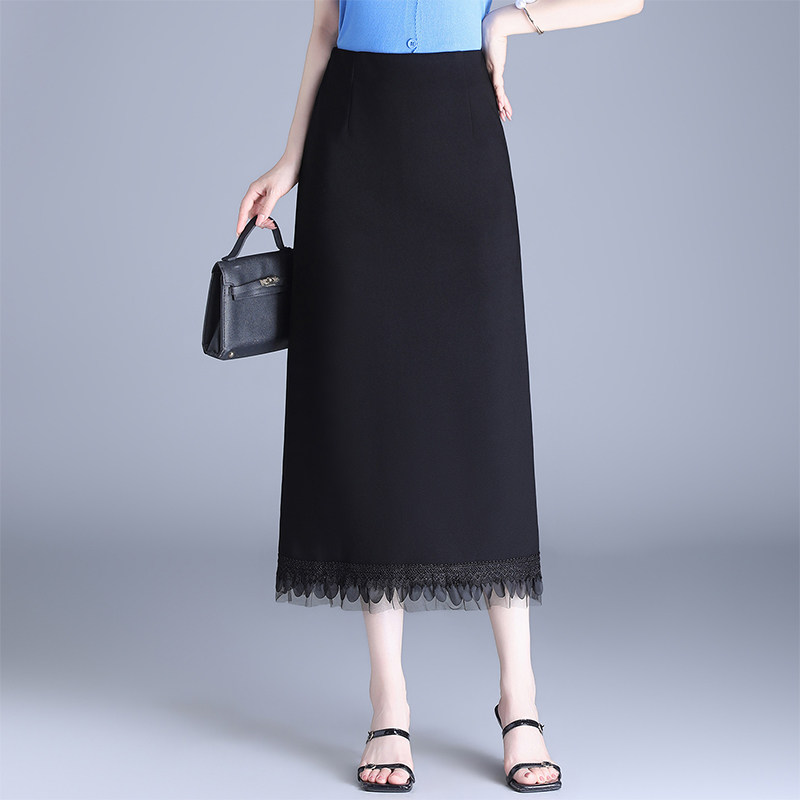 黑色包臀直筒半身裙女夏薄款高腰显瘦遮胯中长款一步裙蕾丝西装裙