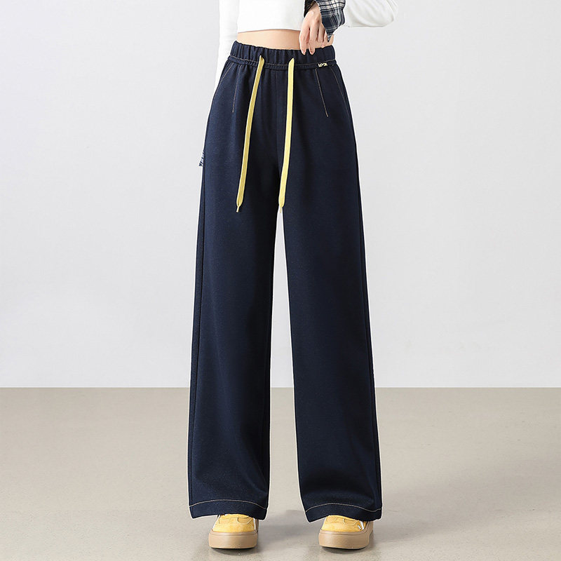 蓝色爆款仿牛仔休闲裤女秋季2025新款抽绳垂感宽松直筒显瘦阔腿裤