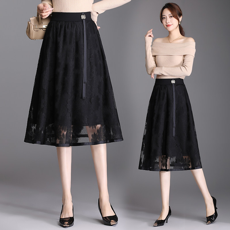 蕾丝半身裙女春夏2024新款时尚百搭a字裙摆裙显瘦中长款网纱伞裙