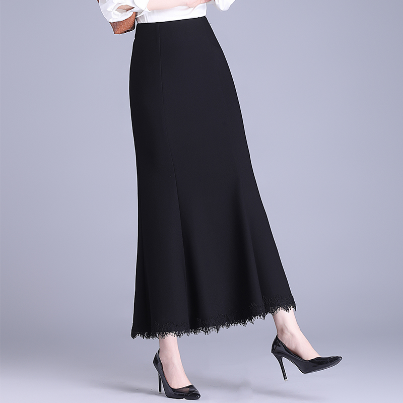 黑色鱼尾裙女高级感气质长裙修身显瘦蕾丝边包臀半身裙2025年春款