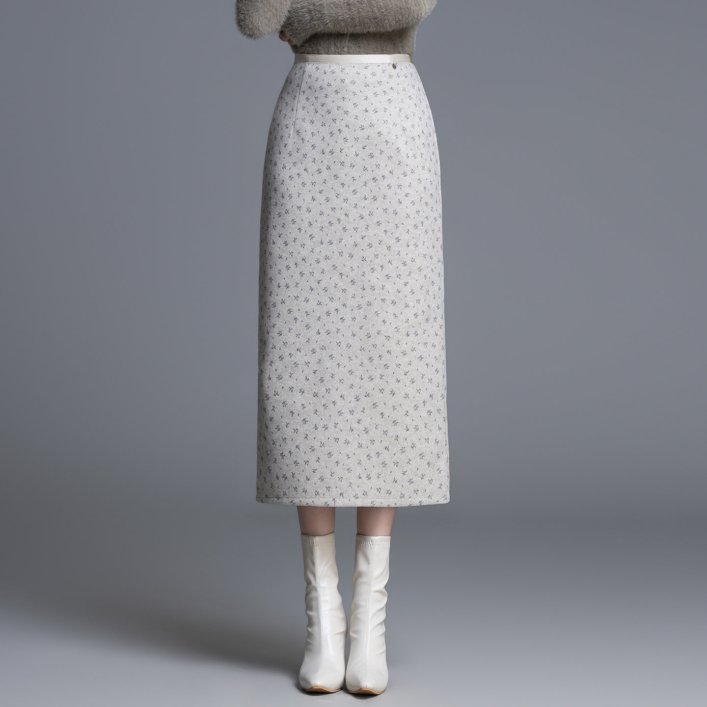 碎花毛呢半身裙女秋冬白色中长款高腰显瘦包臀直筒气质半裙一步裙