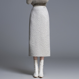 碎花毛呢半身裙女秋冬白色中长款高腰显瘦包臀直筒气质半裙一步裙