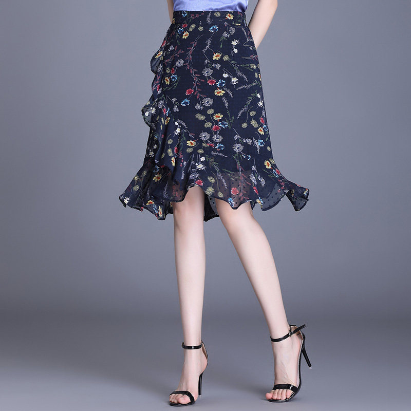 碎花雪纺半身裙女夏季薄款2025新款高腰鱼尾裙显瘦包臀裙子不规则