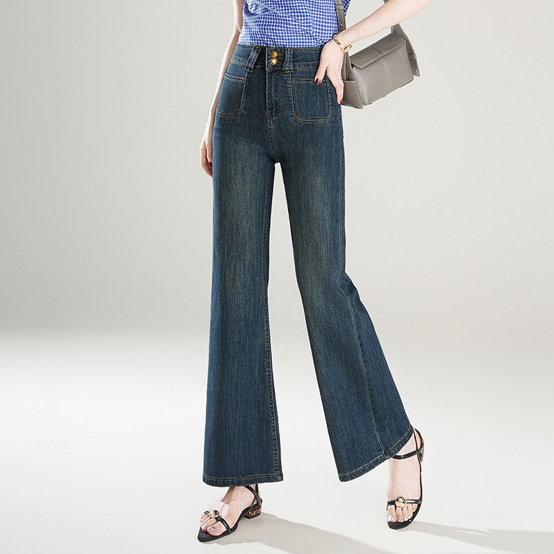 牛仔直筒喇叭裤女2026春季新款高腰微弹显瘦深蓝色长裤百搭微喇裤