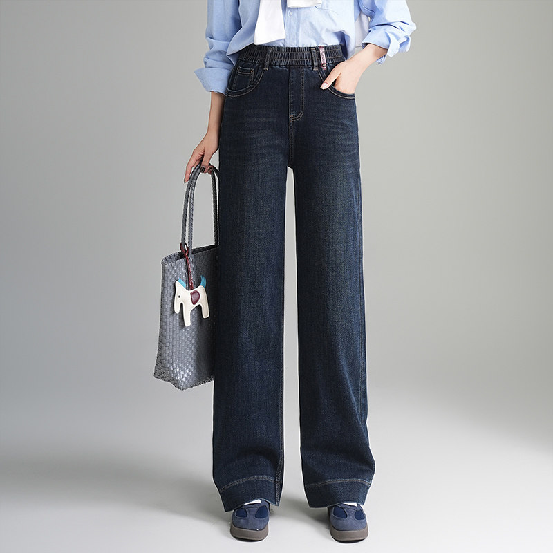 松紧腰直筒牛仔裤女2026新款春秋裤子阔腿裤大码宽松妈妈休闲裤子