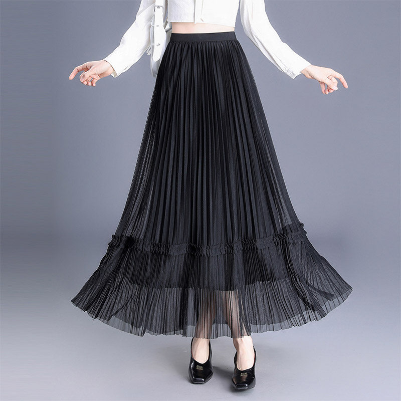 黑色网纱百褶半身裙女2026春季新百搭垂感白色超仙半裙长裙a字裙