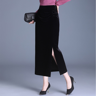 金丝绒半身裙秋冬黑色高腰褶皱修身长款显瘦侧开叉包臀长裙一步裙