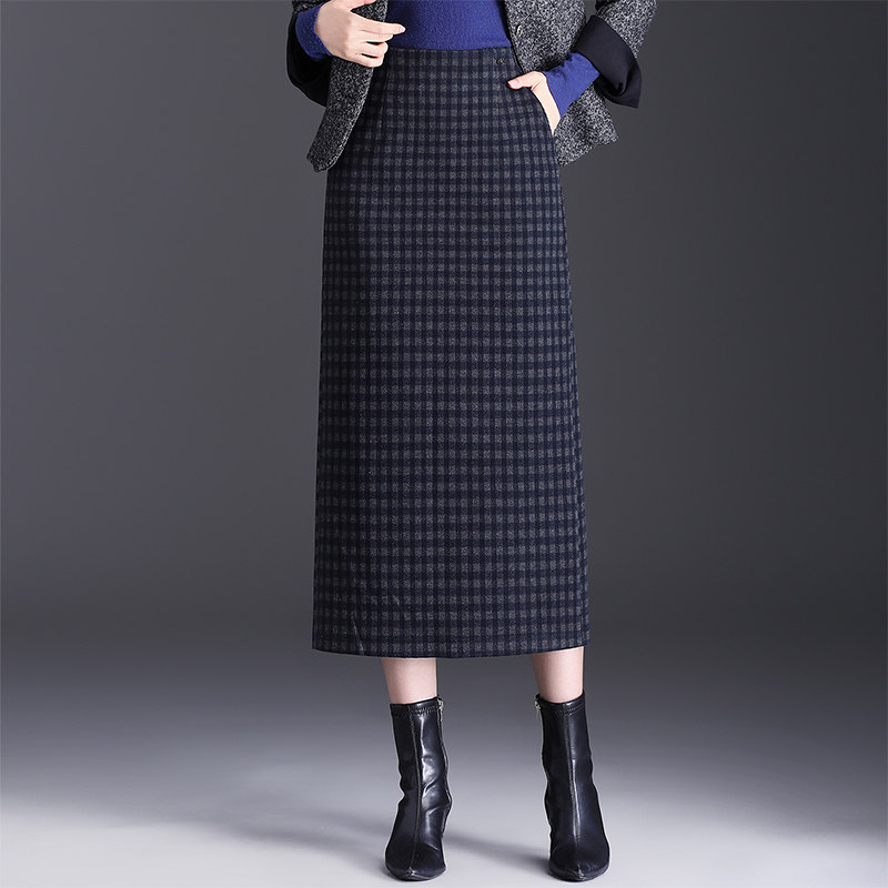 千鸟格毛呢半身裙女秋冬季高腰显瘦包臀中长款开叉直筒裙子呢子裙