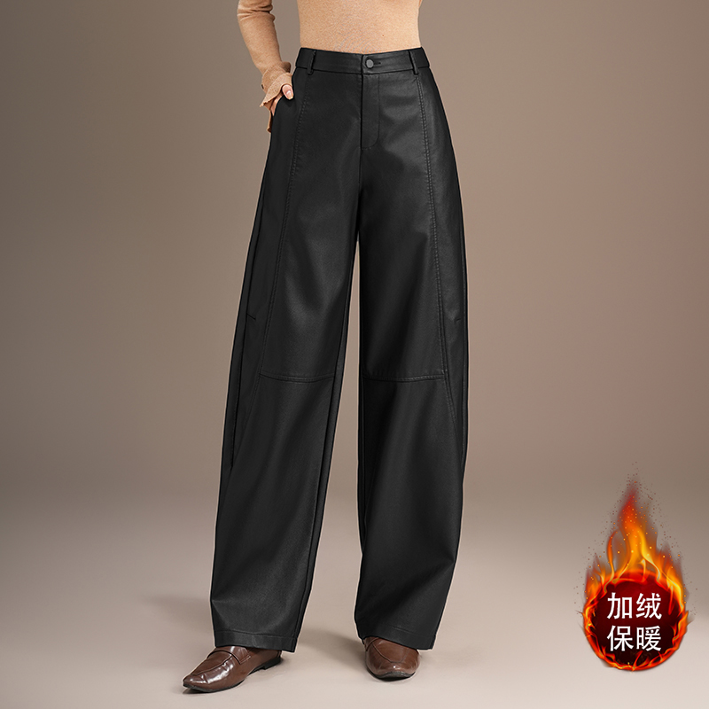 加绒pu皮裤子弯刀裤女阔腿显瘦梨形秋冬季新款宽松休闲哈伦镰刀裤