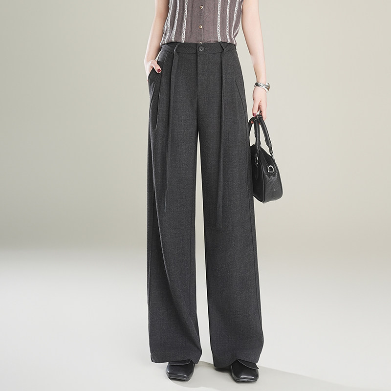 灰色双褶高腰阔腿西装裤2026春季新款垂感宽松直筒裤子抽绳休闲裤