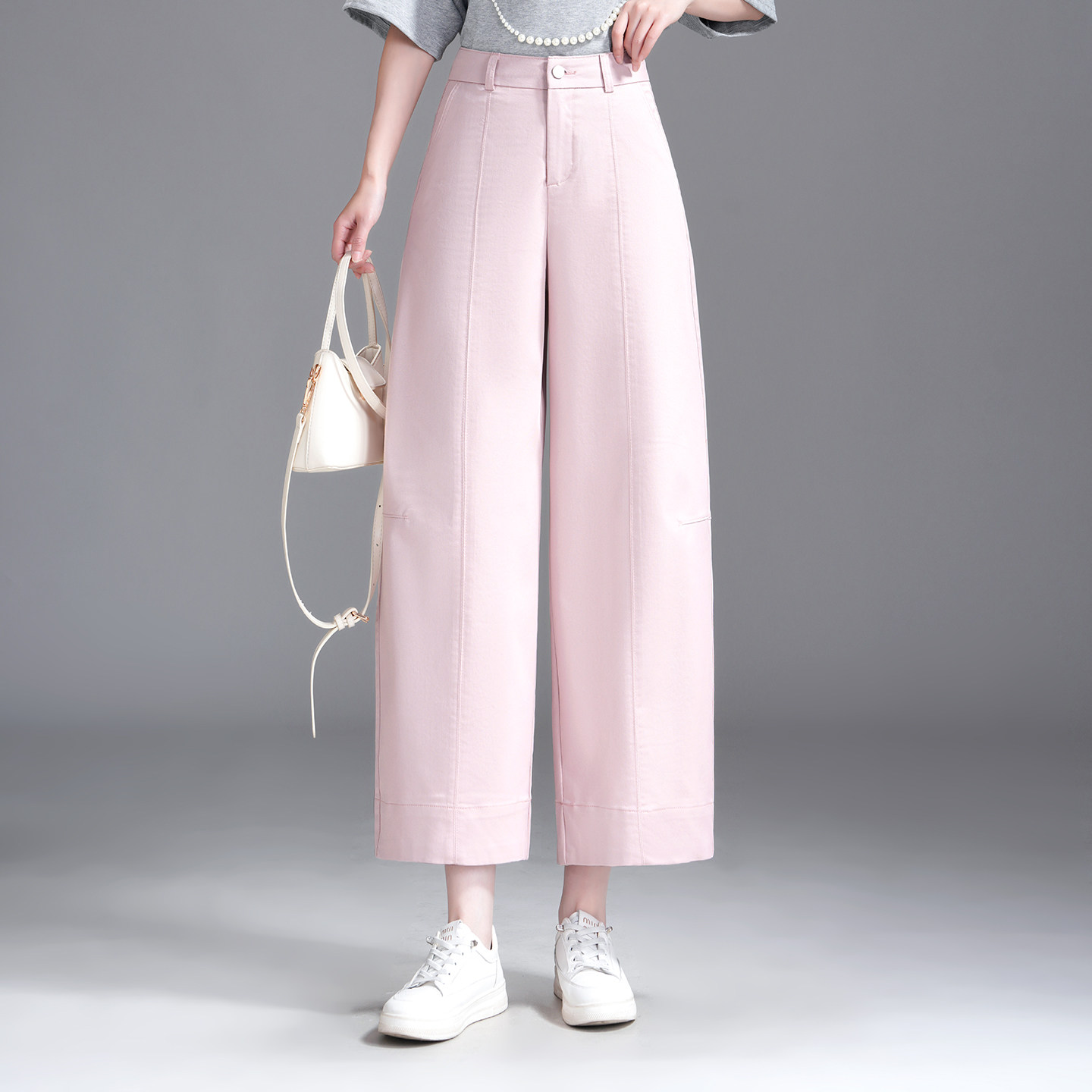 粉色莱赛尔天丝休闲九分阔腿裤女高腰显瘦春夏季垂感小个子弯刀裤
