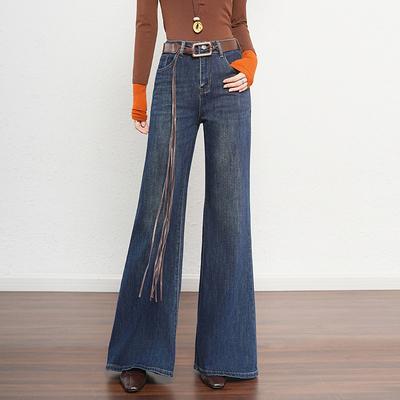 复古流苏腰带加长牛仔喇叭裤女秋2025新款高腰显瘦宽松阔腿拖地裤