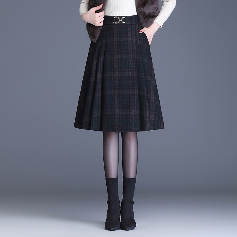小个子中长款A字裙女秋冬毛呢半身裙2025新款高腰显瘦格子百褶裙