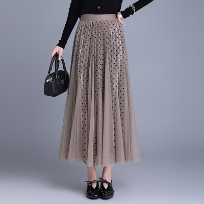 时尚气质网纱半身裙女秋冬季两面穿高腰显瘦大码百褶裙波点长纱裙