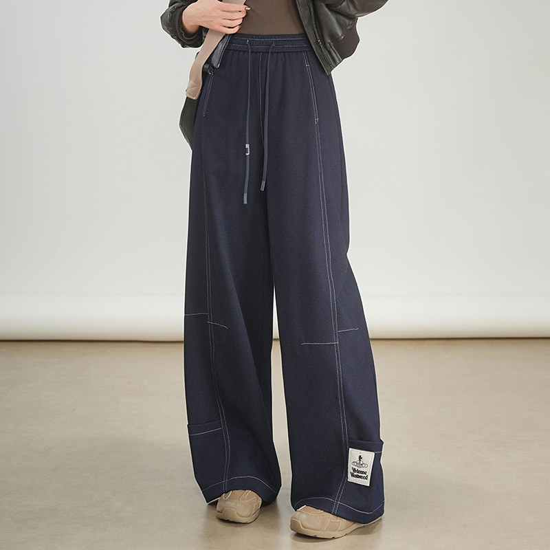 高腰抽绳休闲裤牛仔工装裤女2025秋季新款时尚宽松直筒阔腿拖地裤