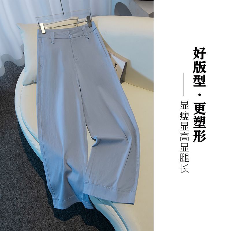 蓝色休闲直筒裤女春夏2025新款高腰窄版显瘦小个子薄款九分阔腿裤