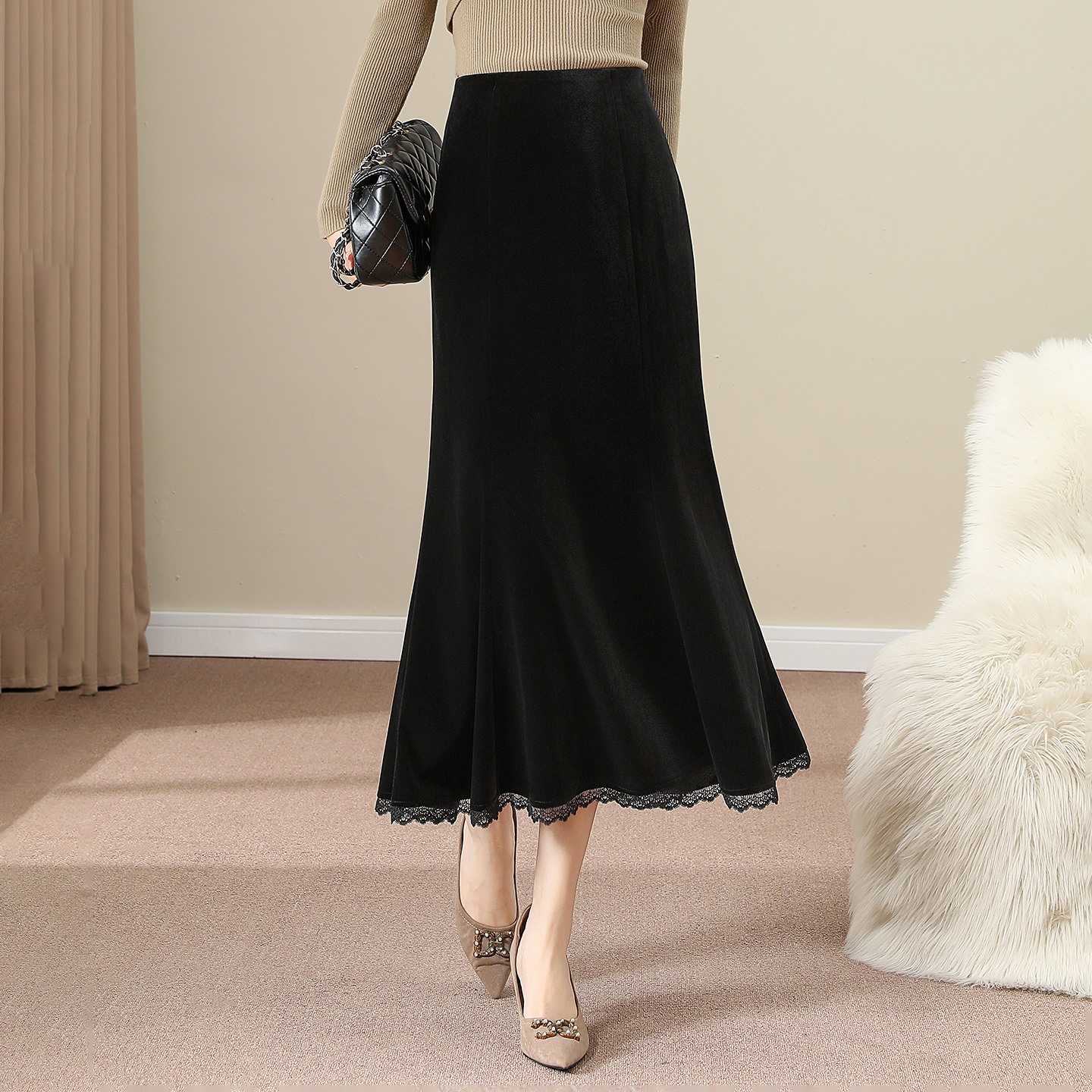 金丝绒鱼尾裙女半身裙秋冬高级感一步包臀裙黑色a字长裙蕾丝半裙