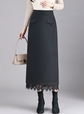 灰色毛呢拼接蕾丝直筒裙女秋冬季新款高腰显瘦气质长裙包臀半身裙