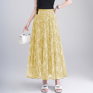 波西米亚风印花百褶大摆半身裙女夏季 网纱裙 高腰显瘦垂感a字长款