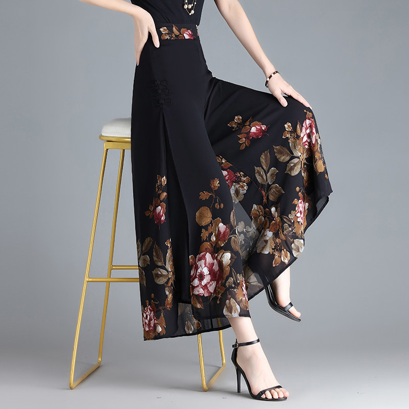 雪纺阔腿裤女夏季薄款中国风印花冰丝裙裤高腰显瘦垂感宽松九分裤