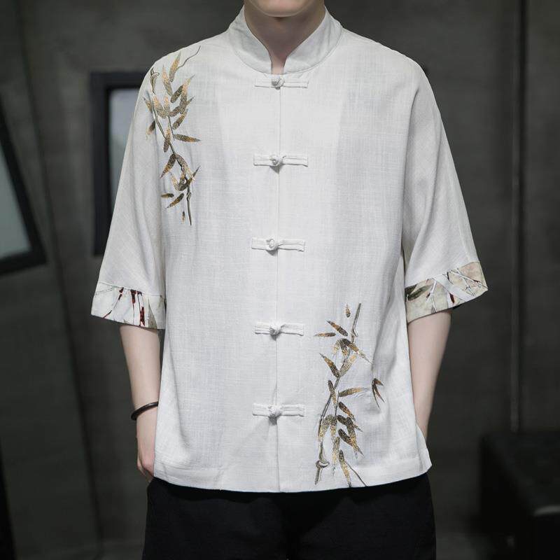 中国风亚麻短袖衬衫男士2025夏季新款新中式套装汉服爸爸上衣
