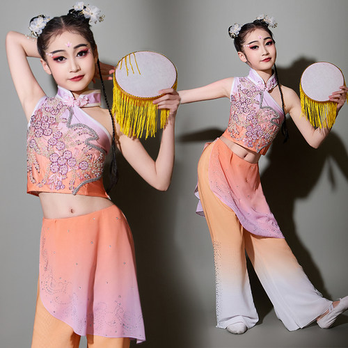 少儿古典舞舞蹈演出服儿童钱鼓舞春嬉表演服装胶州女童艺考秧歌服