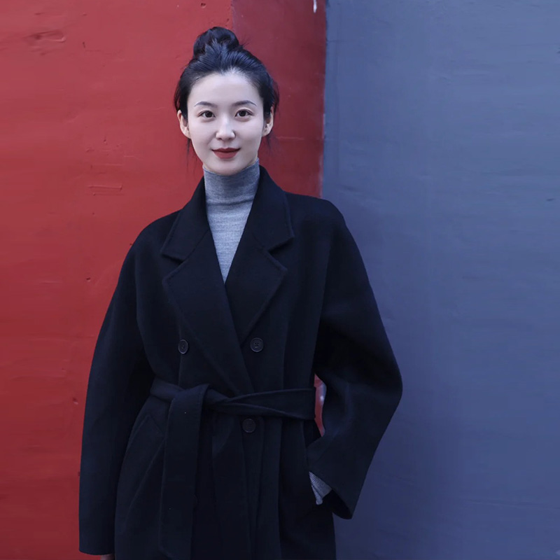黑色羊毛大衣高端缝制秋冬呢大衣