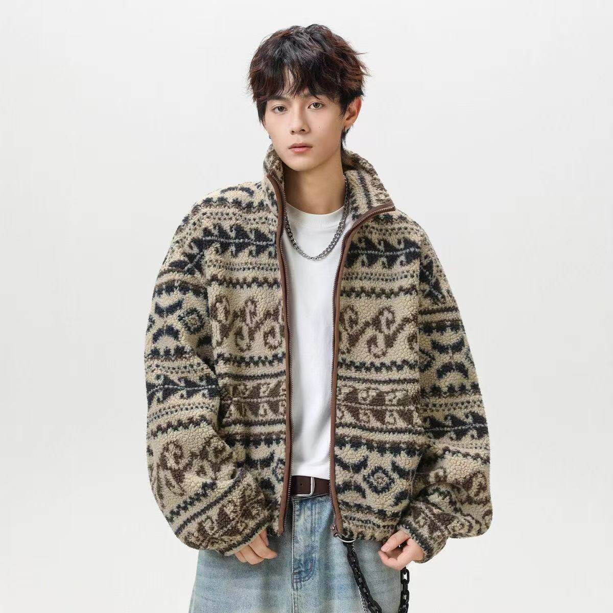 美式复古民族风羊羔毛外套男