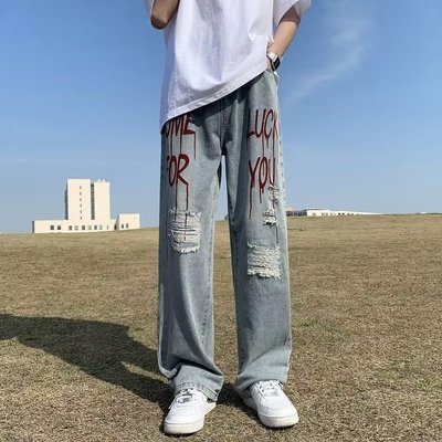 美式潮牌hiphop破洞牛仔裤男