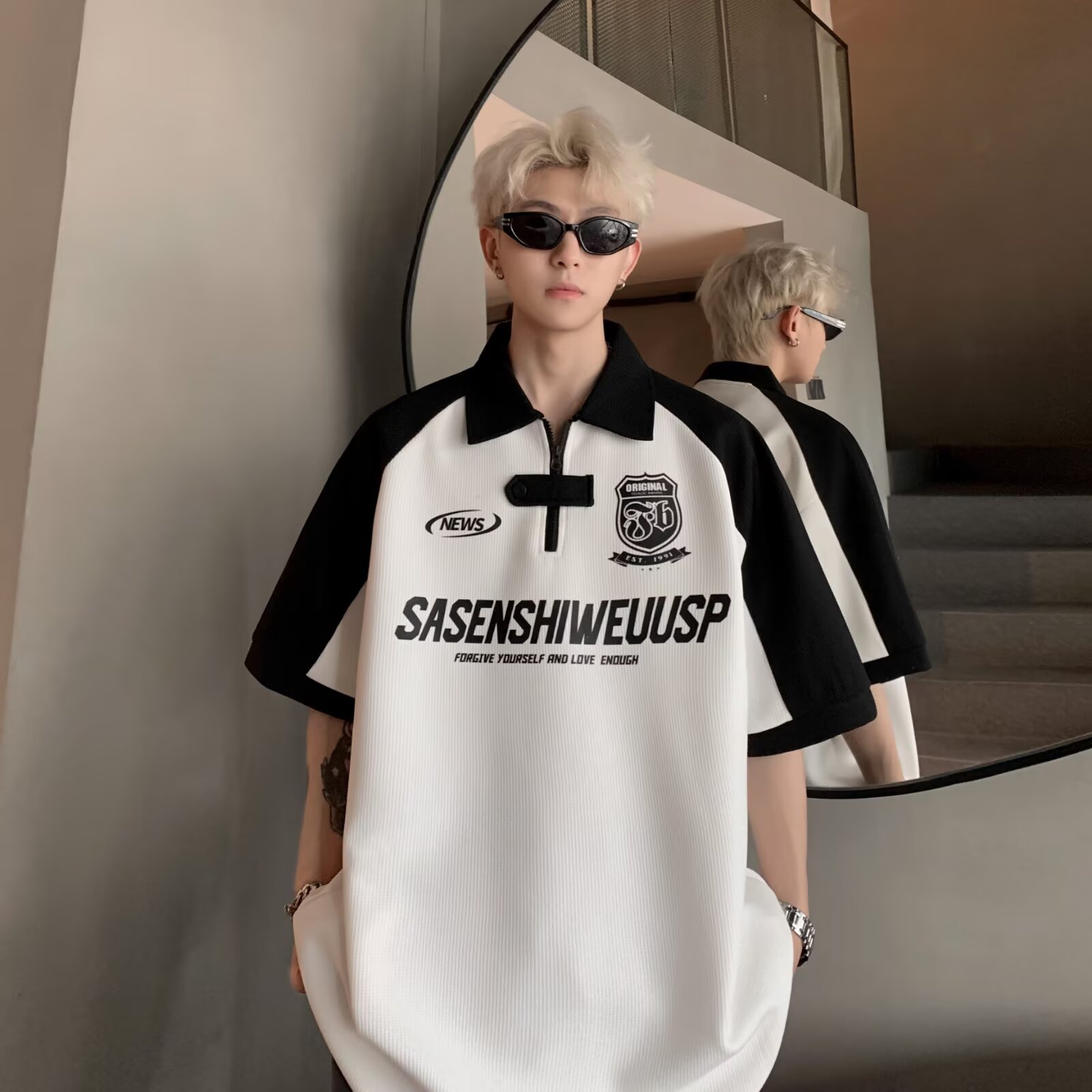 美式复古机车风翻领短袖T恤男