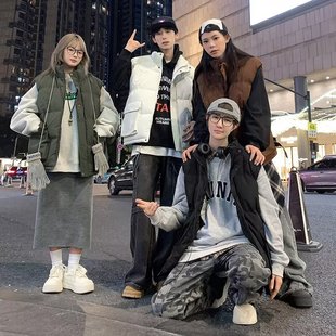 美式潮牌工装羽绒棉马甲男女秋冬休闲设计感宽松情侣保暖无袖外套