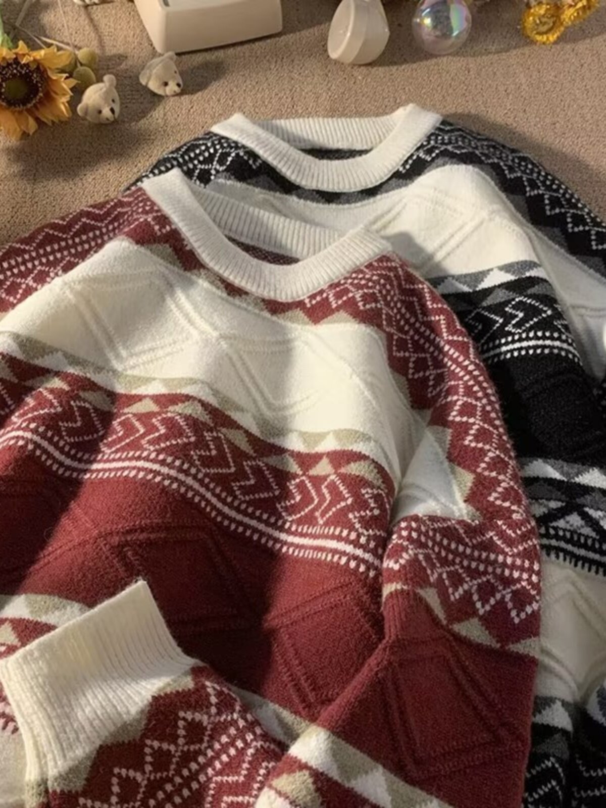 가을과 겨울 느슨한 게으른 시크 캐주얼 스트라이프 스웨터 트렌드 남성용 미국 복고풍 민족 스타일 컬러 차단 풀오버 스웨터