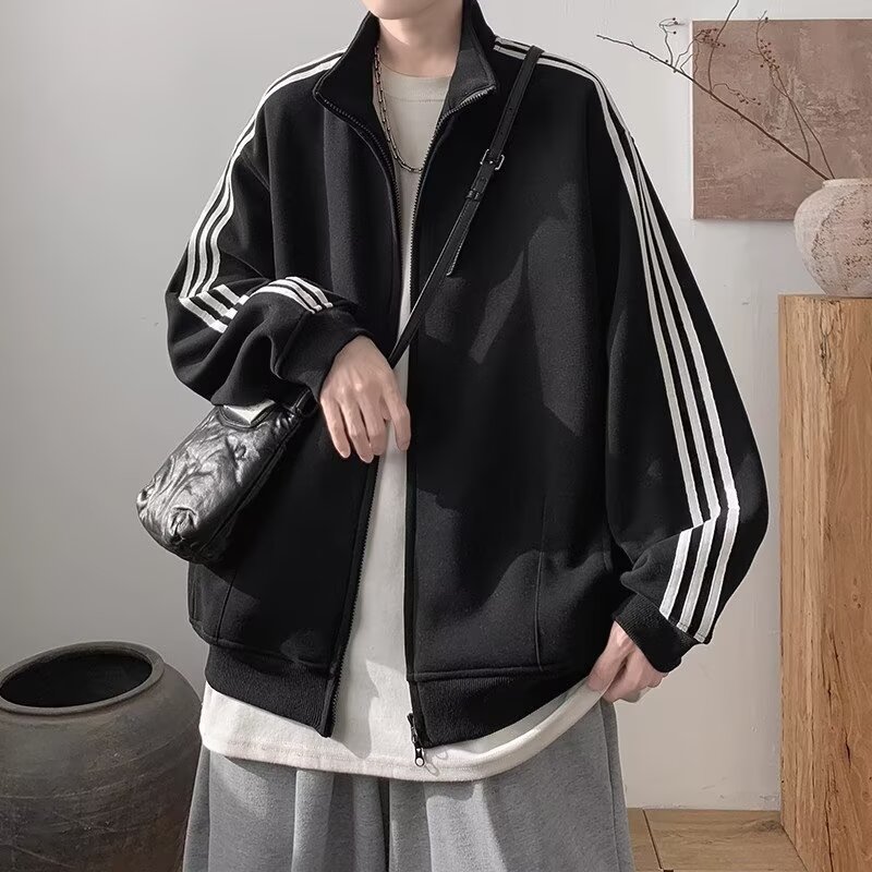 美式潮牌三道杠条纹棒球服外套