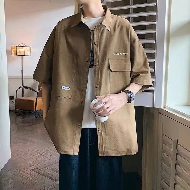 日系复古工装短袖衬衫男夏季薄款潮牌半袖衬衣休闲宽松寸衫外套潮,男装,衬衫,淘宝优惠券,粉丝福利购,淘宝优惠卷