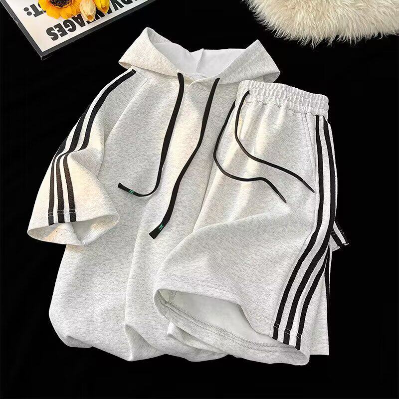 潮牌三道杆休闲套装男夏季宽松一套衣服搭配连帽短袖短裤两件套潮