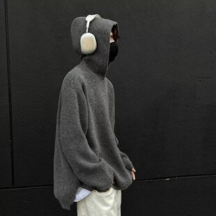美式复古灰色连帽毛衣男秋冬季痞帅高街潮流慵懒宽松针织衫外套潮