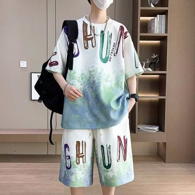 潮牌大码渐变短袖短裤套装男