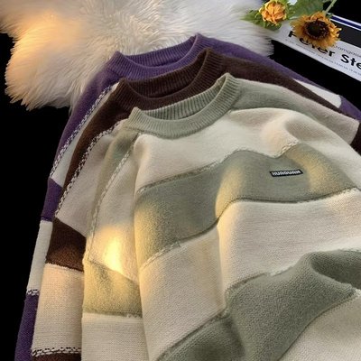 秋冬季潮牌圆领慵懒风条纹毛衣男