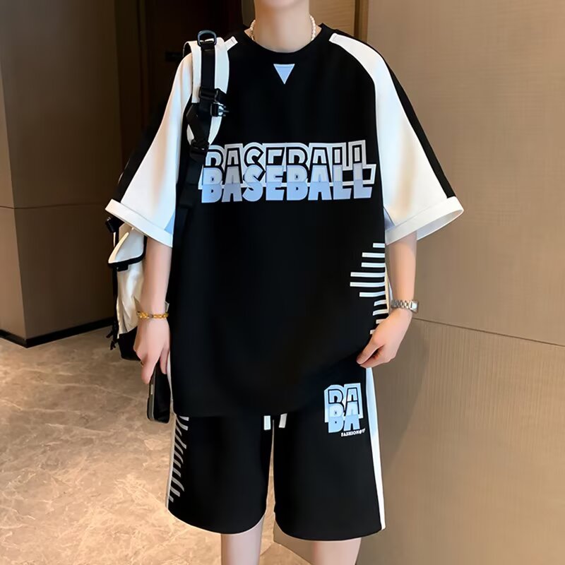 美式潮牌大码短袖短裤套装男