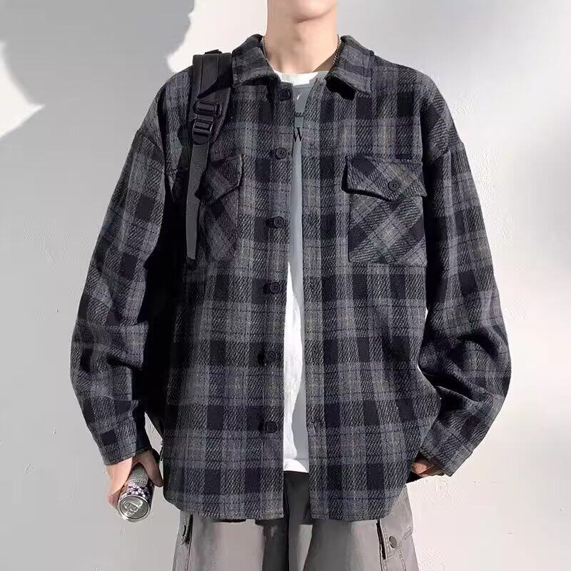美式复古格子长袖衬衫男