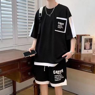 华夫格套装男大码夏季潮牌帅气衣服运动休闲搭配短袖短裤两件套潮