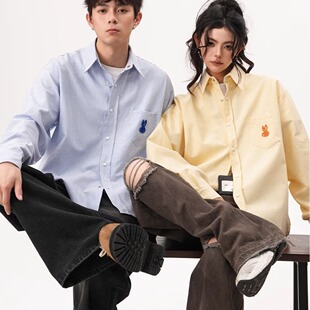 日系潮牌条纹衬衫男女春夏薄款宽松兔子刺绣休闲情侣长袖衬衣外套