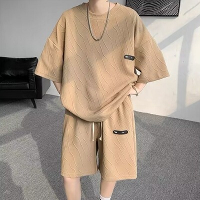 美式潮牌纹理提花短袖短裤套装男