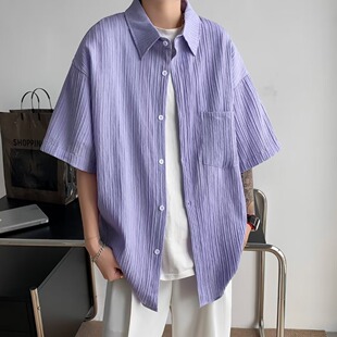 美式潮牌肌理感条纹短袖衬衫男夏季潮流学院风冰丝褶皱半袖衬衣潮